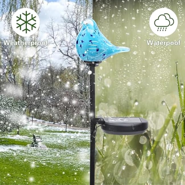Afirst Decorative Solar Lights Outdoor Solar Bluebird Stake Lights Hand Blown Glass Decorative Garden Pathway Lights Outdoor Waterproof Glass Stakes