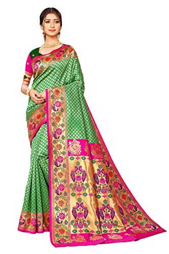 Image of Jaanvi fashion Women's Paithani Silk With Zari Jacquard Work Saree With Blouse Piece(royal-paithani-green-pink)