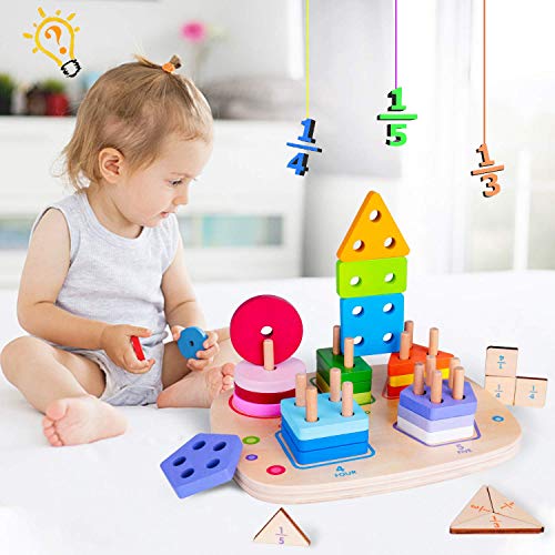 rolimate Wooden Educational Toys for 3 4 5 Year Old Boys Girls Toddler Shape Sorter Geometric Block Sorting & Stacking Toys Parent-Child Interaction Montessori Preschool Toy Travel Toy
