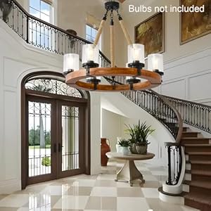 6 Light Wagon Wheel Chandelier,Round Wood Pendant Light with Seeded Glass Shade Rustic Farmhouse Pendant for Dining Room Kitchen and Entryway 6 Light Wagon Wheel ChandelierRound Wood Pendant Light with Seeded Glass Shade Rustic Farmhouse Pendant for Dining Room Kitchen and Entryway