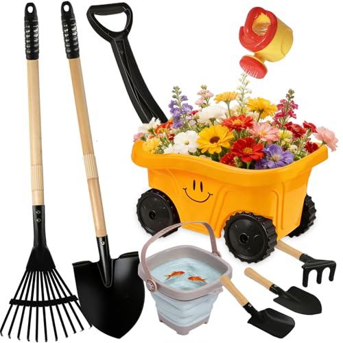 CHEERBANK Toddlers Rake & Shovel Set with Wheelbarrow, Kids Yard Tools for Digging, Gardening, Beach, Sandbox, Lawn, Camping, Summer Outdoor Garden Toys Gifts for Children Age 3-6 Years Old
