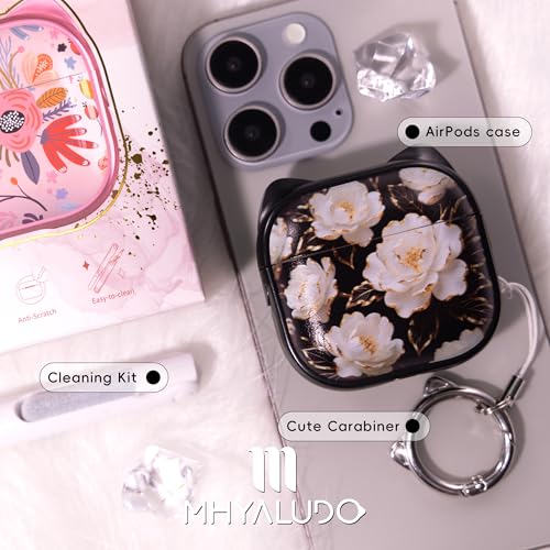 Image of for AirPods 4 Case with Cleaning Kit, Cute Cat Ear Print Design & Cute Buckle, Inverted Phone Holder Design, Top Safe Lock Buckle Design, for Girls AirPods 4 case 2024, Black Peony