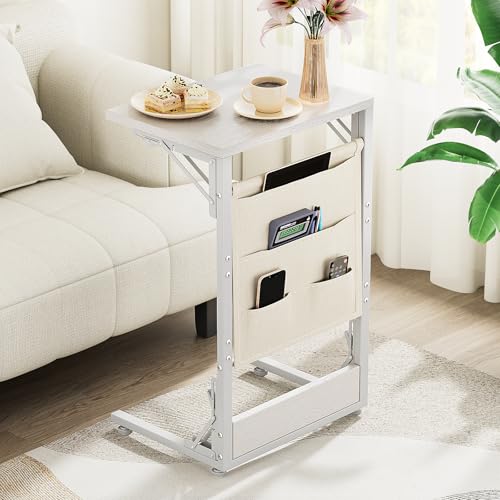 Image of Folding TV Tray Table, 28.8 inch Tall C-Shaped Side Table for Couch and Bed, Slide Under Sofa Side Desk with Storage Bag - Sturdy Metal Frame Tray for Living Room, Bedroom, Home & Office (White)