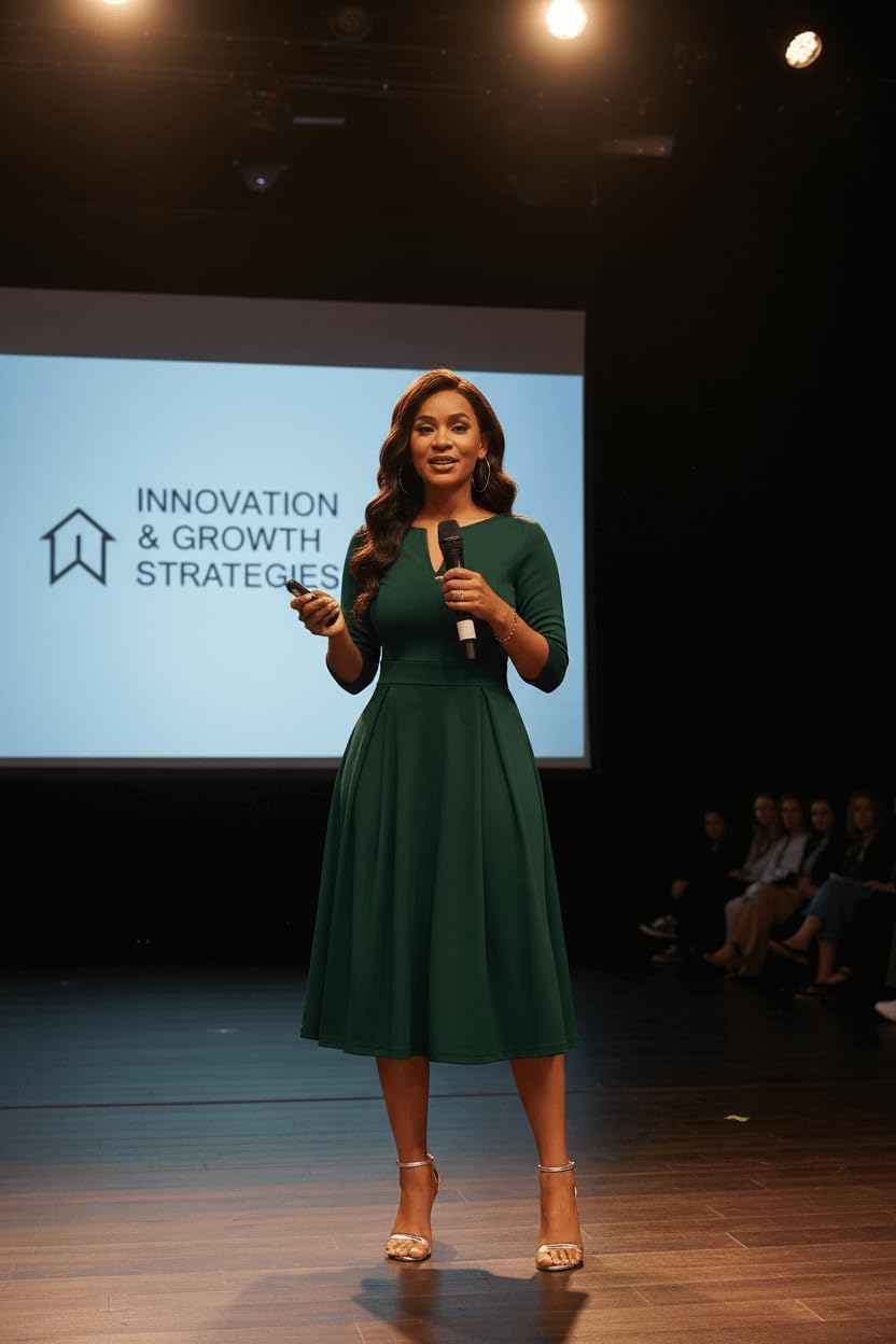 Nmoder Midi Dresses for Women, Semi Formal Fit and Flare 3/4 Sleeve V Neck Work Dress with Pockets - Image 2