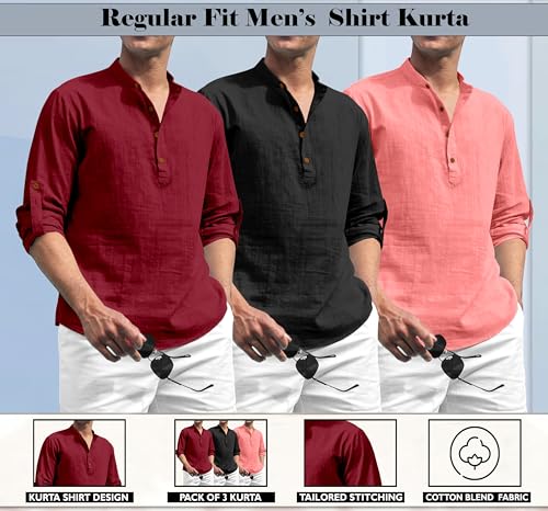 Image of Zombom Combo of Men's Solid Cotton Polyester Blend Full Sleeve Mandarin /Chinese Collor Straight Kurta Shirt (Pack of 3)