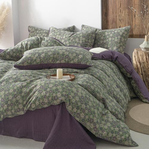 Image of VM VOUGEMARKET Green & Purple Floral Jacquard Duvet Cover Set Queen,Breathable Double Layer Gauze Farmhouse Style Bedding Set for Home
