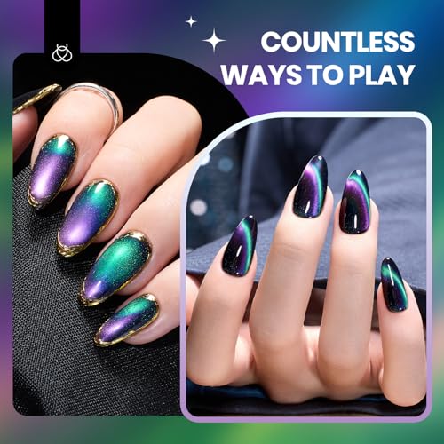 Image of Beetles Cat Eye Gel Nail Polish - 15ML 9D Chameleon Cat Green Purple Double Magic Colors Gel Polish with Magnet Soak Off UV Velvet Gel Galaxy Drift Collection Nail Art Design Gift for Women