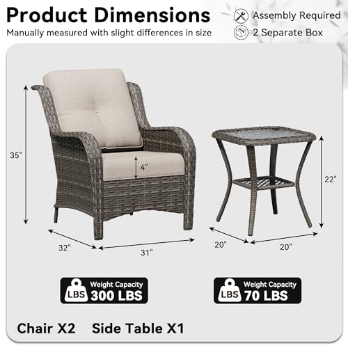 Image of 3 Pieces Outdoor Wicker Patio Furniture Set - Patio Chairs Set with Thickened Olefin Cushions, High Back and Deep Seating, Curved Armrest, PE Rattan for Porch, Deck, Balcony,Beige