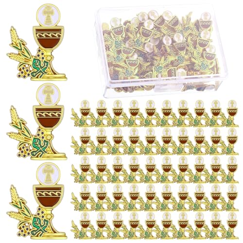 Image of Hoteam 50 Pcs First Communion Enamel Lapel Pins Bulk Chalice with Grapes and Wheat Gold Plated Religious Pins Gifts for First Holy Communion Catholic Baptism Christian Memorial Favors