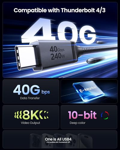 Image of Silkland USB 4 for Thunderbolt 4 Cable 10FT /3M, 40Gbps, 8K Display, 240W | Single 8K /6K Dual 4K, Braided USB C Video Cable Compatible for MacBook, SSD, Mac mini, iPhone 17, Monitor