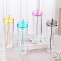 Vista 4 de Vaso de plástico con popote de doble pared con aislamiento de acrílico delgado con popote y tapa, 16 onzas, vaso de agua de moda delgado de doble