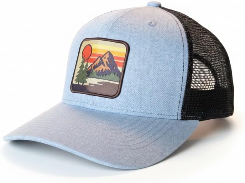 Vintage Mountain Sunset Trucker Hat, Brown and Gray, Cotton Mesh, Outdoor Adventure Patch Design, Snapback Baseball Cap