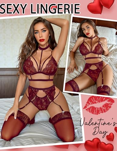 Image of Avidlove Lace Garter Lingerie Set with Removable Choker Teddy Babydoll Strappy Bra and Panty Set (No Stockings)