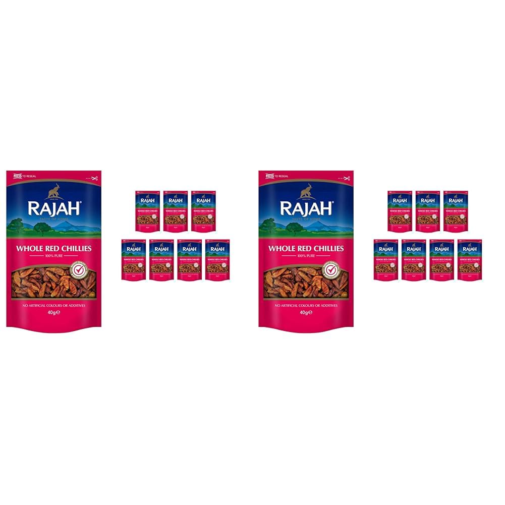 RAJAH TASTE OF HOME SINCE 1931 Rajah Spices Whole Red Chillies | Red Chilli | Hot Whole Chilli | Dried Chillies | Marchu | Mirch | Lonka | Vattal | (10x40g) (Pack of 2)