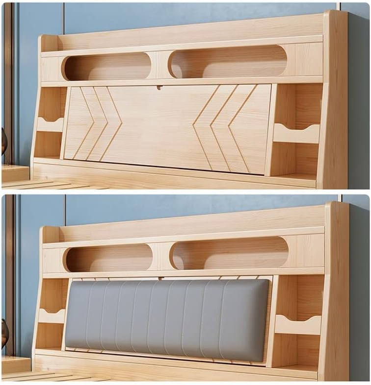 CraftThink Modern Pine Wood Bed Frame Bookcase Standard Bed in Natural, Single Bed for Bedroom Boys Girls- Size: Queen, Wood Headboard (Without Faux Leather), Bookcase (Without Pull-Out Storage)