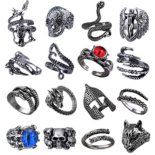 RIOSO 16 Pcs Punk Rings Cool Octopus Dragon Snake Ring for Men Women Open Adjustable Vintage Gothic Ring Set Jewelry