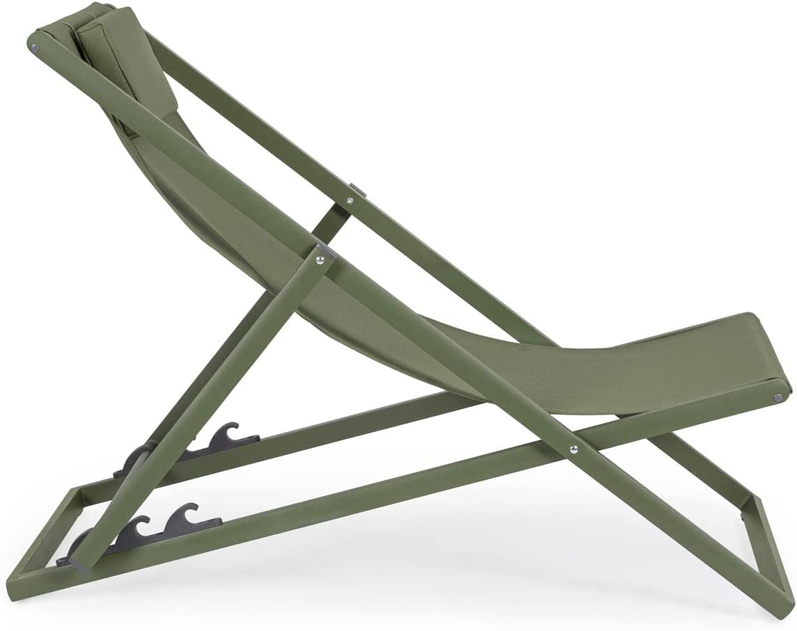 Sedia A Sdraio Pieghevole In Alluminio Verniciato Verde, Telo In texilene, Schienale Reclinabile 3 Posizioni, 60 x 101 x 35 Cm Per Giardino E Piscina