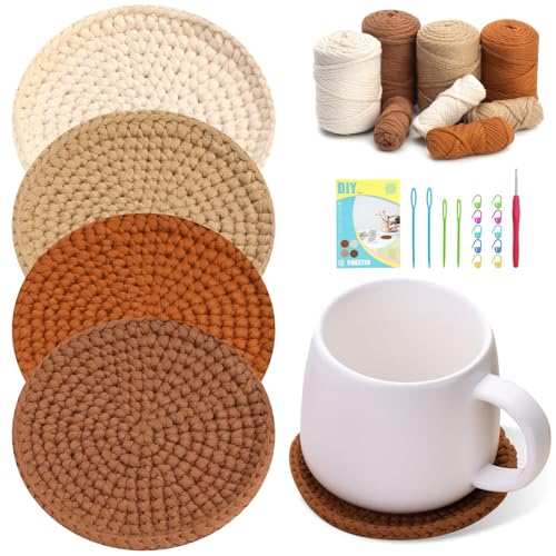 Image of UzecPk Crochet Kit for Beginners, Crochet Kit, 4 Pcs Crochet Coasters Kits with Crochet Yarn, Crochet Hook, Step-by-Step Instructions Video, Crochet Supplies Set Craft Kits for Adults