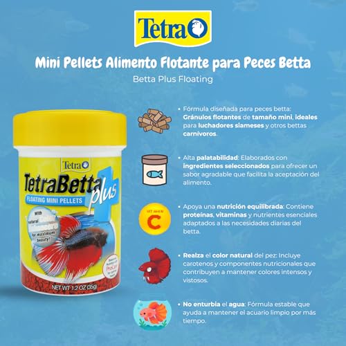 TetraBetta PLUS Floating Mini Pellets, Fish Food With Natural Color Enhancer, 1.2 ounces