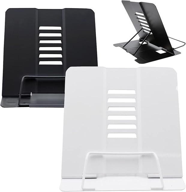 2 PCS Metal Book Stand Reading Book Holder Lightweight Cook Book Stands Portable Textbook Holders Adjustable Recipe Document Stand Tablet Music Book Stands&Holders(Black&White)