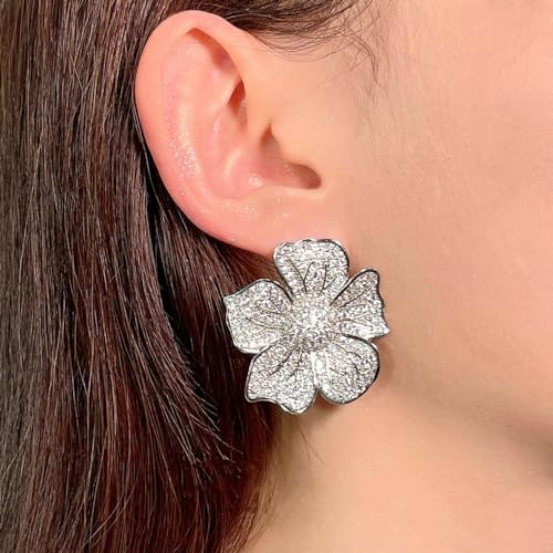 CZ Diamond Flower Stud Earrings for Women Girls Hypoallergenic Silver Post Pin Fashion Luxury Pave Rhinestone Blossom Wedding Prom Party Jewelry Dainty Gifts for Bridal Bridesmaids2