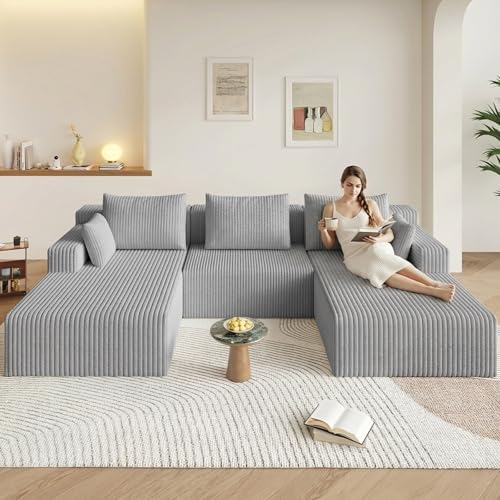 Image of 107 inch Boneless Cloud Couch Sectional Couches Sofa for Living Room | Modular U-Shaped Couch, Comfy Modern Corduroy Memory Foam Sofas with Deep Seat, Ottoman, Oversized Chaise (Light Grey)