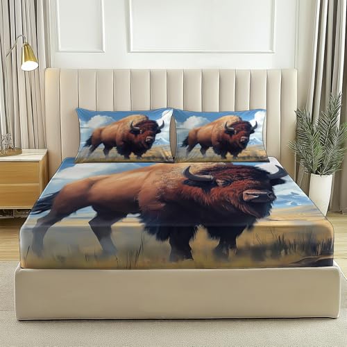 Sabana Bajera Elastica Broncearse Impresión Arte fantástico Bisonte de Pradera Sabanas Bajeras Microfibra 140 x 190 cm Sábana Bajera Ajustable Cómoda Transpirable Viene
