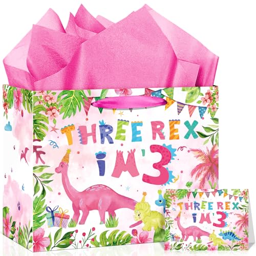 Pink Dinosaur Gift Bag for Girls Large Three Rex Dinosaur Happy 3rd Birthday Wrapping Bags with Tissue Paper Greeting Card Decorations for Kid 3 Year Old Dino Gift Wrap Bag Party Favors Decor Supplies