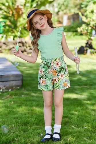 Image of Arshiner Girls Clothes Summer Outfits Ruffle Sleeve Tops and Paperbag Waist Shorts with Pockets Kids Clothing Set