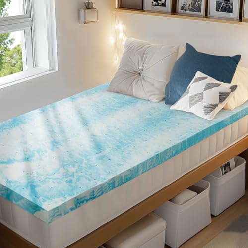 Image of PERLECARE 3 Inch Twin XL Memory Foam Mattress Topper, Cooling Gel Infused Mattress Pad, Ventilated Bed Topper for Pressure Relief, Dorm Room Essentials, Blue