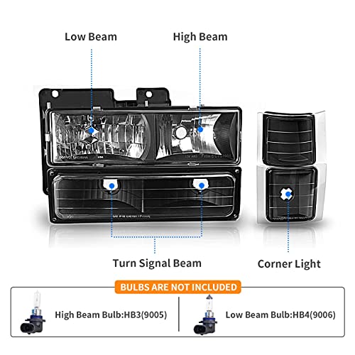 DWVO Headlights Assembly Compatible with 1994-1999 Chevy Silverado 1500 2500 3500, Suburban 1500 2500 1995-1999 Tahoe Headlamp with Corner & Bumper Lights Black Housing Clear Reflector by DWVO - Used condition - Image 3