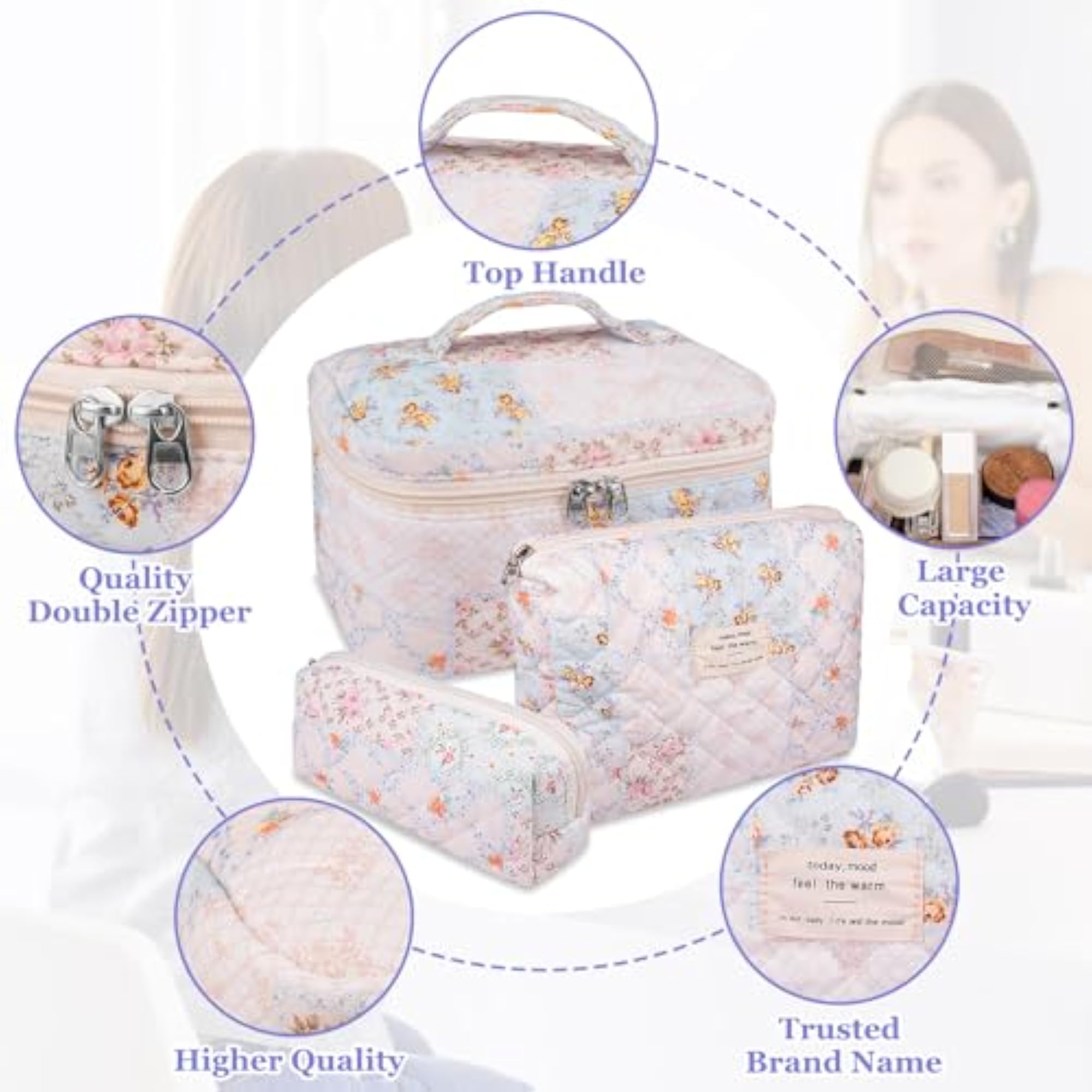 Quilted Floral Makeup Bag Set, Large Cosmetic Organizer
