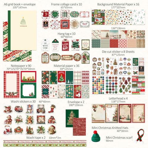 Image of Christmas Scrapbooking Supplies Kit, Aesthetic New Year Festival Scrapbook Kits for Bullet Junk Journal, Stationery, Notebook, DIY Cute Journaling Supplies, Craft Christma Gift for Teen Girl Women