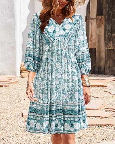 Image of BTFBM Women Casual Spring Summer Dresses V Neck 3 /4 Long Sleeve Ruffle Floral Flowy Boho Babydoll Mini Short Beach Dress