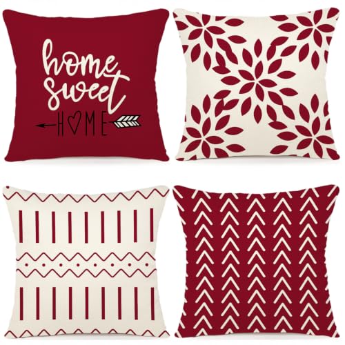 YCOLL housses de coussin décoratives Noël rouge 20x20, ensemble de 4