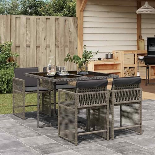 YNGBHFNOP Ensemble de Jardin 5 Pièces Gris avec Coussins | Table et 4 Chaises en Résine Tressée Résistante aux Intempéries Mobilier de Salle à Manger...