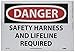 NMC D611PB OSHA Sign, Legend "DANGER - SAFETY HARNESS AND LIFELINE REQUIRED", 14" Length x 10" Height, Pressure Sensitive Vinyl, Black/Red on White