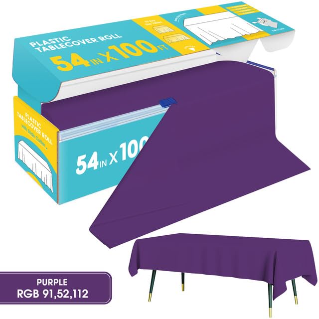 Image of Niuara Purple Plastic Table Cover Roll - 54IN x 100FT, Table Cloth for Rectangle Table with Slide Cutter, Plastic Table Cloth Disposable with Cut-to-Size Design for Weddings, Banquets, Parties
