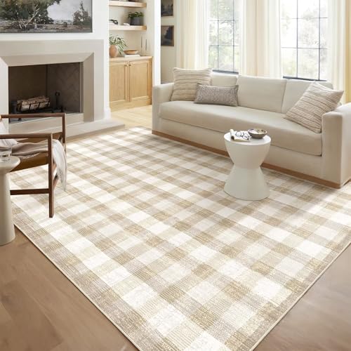 Image of Checkered Area Rug, 8x10, Beige | Washable, Non Slip, Modern Neutral, For Living Room Bedroom Office Patio Dining Room