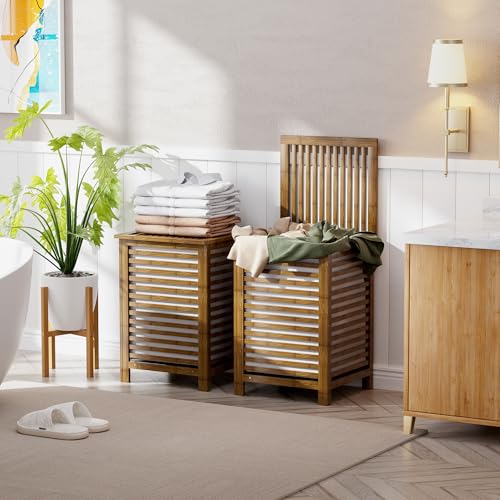 SMIBUY Double Laundry Hamper with Lid, 120L Bamboo Laundry Basket with Removable Liner Bag, 2-Section Clothes Divider Laundry Sorter for Laundry Room, Bathroom, Bedroom (Walnut) - Image 2