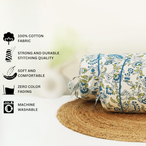 Image of AURAVE Cotton Printed Floral Bolster Cover with Drawstring Closure, Set of 2, Soft Breathable Durable Machine Washable for Sofa Bed & Home Decor, 15 inchx30 inch, Blue | Cover Only