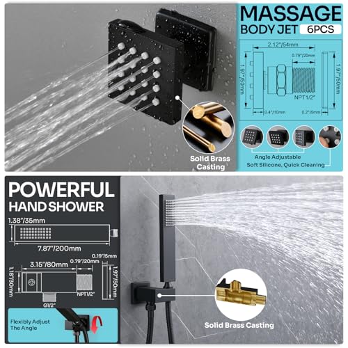 Sistema de Ducha LED de Techo HOMEDEC 12" con Cabezal de Ducha de Pared de 6", Válvula Desviadora 4 Vías, Ducha de Mano y 6 Jets de Cuerpo, Negro miniatura 5