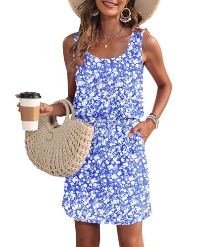 WNEEDU Sommerkleid Damen Ärmellose Strandkleid U Ausschnitt Kordelzugkleid Luftiges Kleid Sommer mit Taschen Blau Weißes Blümchen M