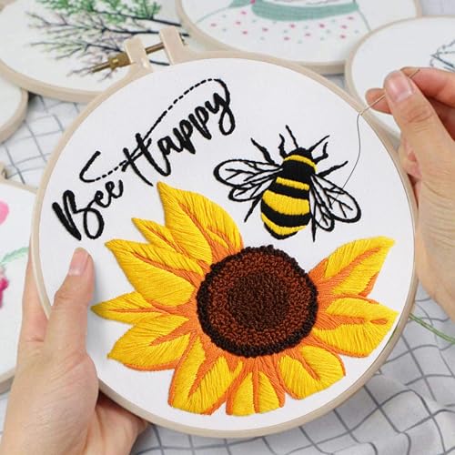 Image of Louise Maelys Embroidery Kits for Beginners,Cross Stitch Kit for Adults,DIY Needlepoint with Bee Sunflower Pattern-Bee Happy