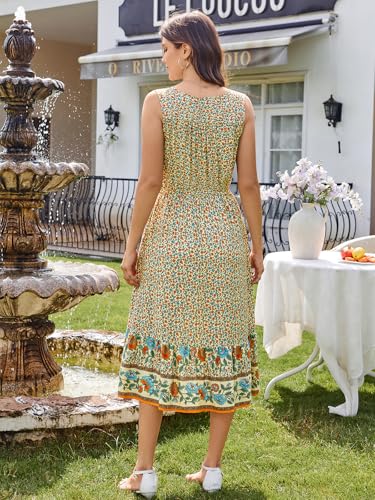 Image of BROVAVE Women Summer Bohemian Floral Print V Neck Sleeveless Sundress Flowy Casual Midi Dress