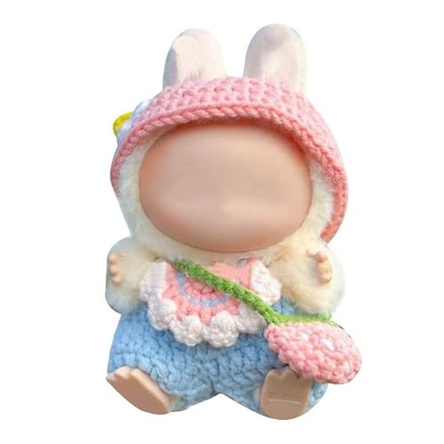 Clothes for 17cm Doll 4-Piece Pink Hand-Crochet Set with Hat Outfit Bib & Strawberry Bag, Cute Knit Ensemble Compatible with Labubu (Pink Four-Piece Set [Hand-Crocheted Finished Product])
