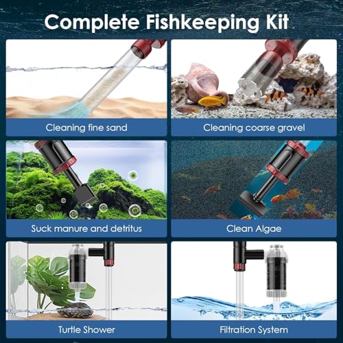 Image of AKKEE Aquarium Vacuum Gravel Cleaner, 36W Electric Fish Tank Cleaner Vacuum, 8 in 1 Multifunctional Aquarium Cleaner for Automatic Water Change, Wash Sand, Water Circulation and Timed Off, red