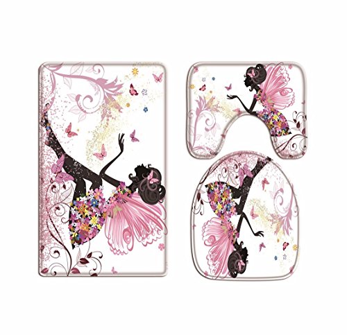 A.Monamour Badezimmer Badematte 3 Teilig Set Rosa Schmetterling Mädchen Mit Blumenkleid Blumen Fee...