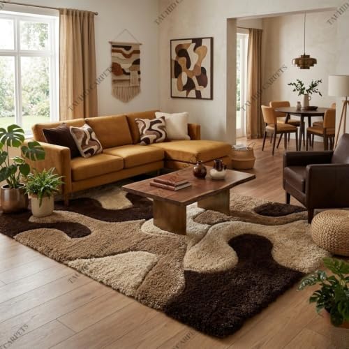 Image of Tauhid Carpet Super Soft Microfiber Shaggy Area Rug Modern Abstract Beige Brown & Cream Plush Carpet | Fluffy Floor Rug for Living Room, Bedroom 4x6 Feet.