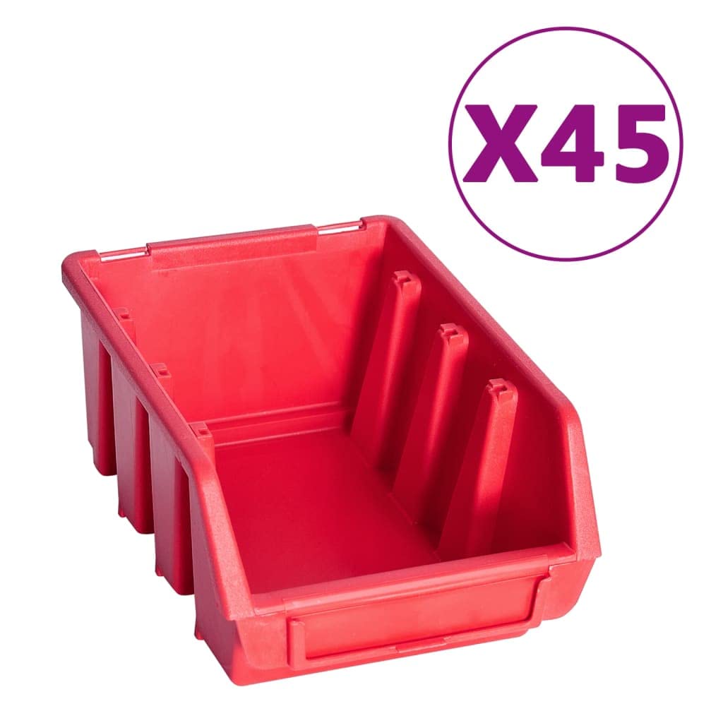 vidaXL Kit de Bacs de Stockage et Panneaux Muraux 96 pcs Boîte d'Empilage Système de Stockage d'Outils Garage Atelier de Bricolage Rouge et Noir